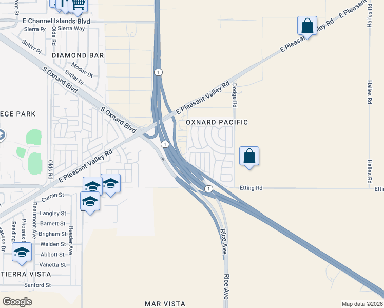 map of restaurants, bars, coffee shops, grocery stores, and more near 4108 Ranchita Lane in Oxnard