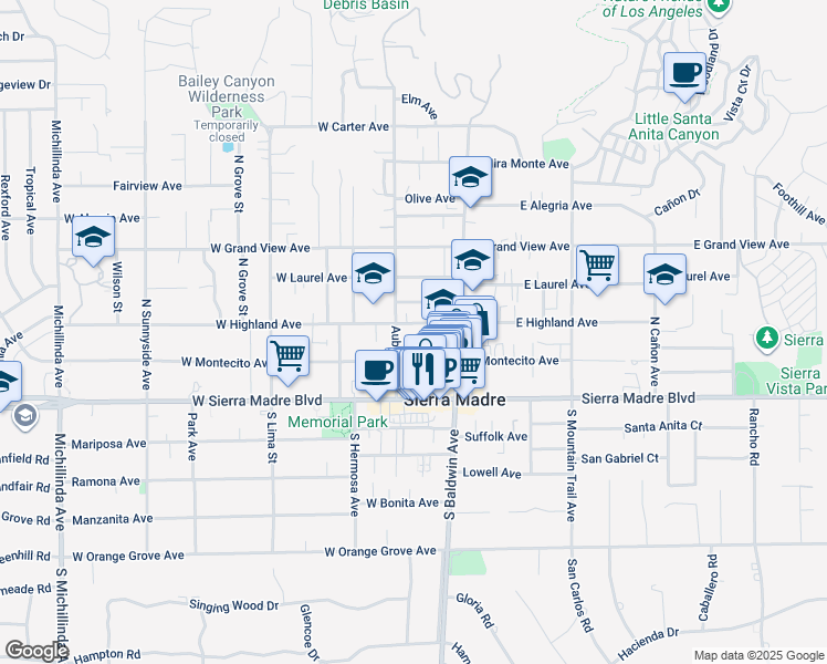 map of restaurants, bars, coffee shops, grocery stores, and more near 78 West Highland Avenue in Sierra Madre