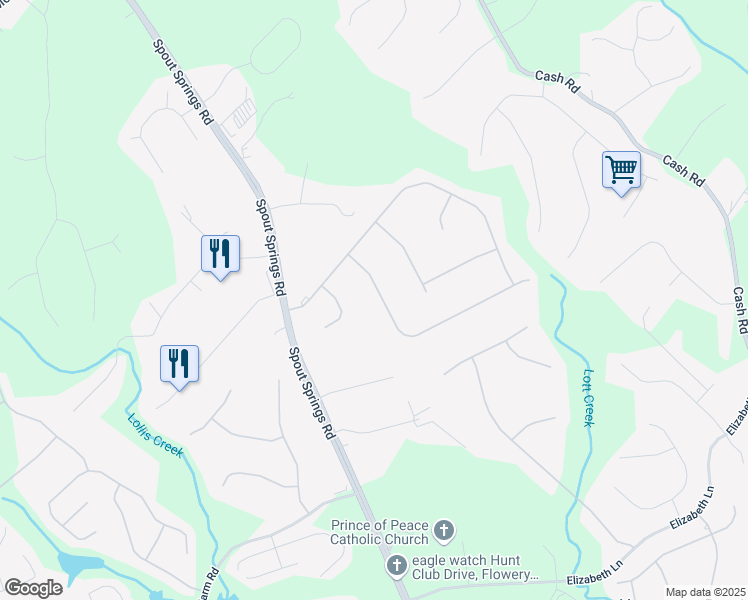 map of restaurants, bars, coffee shops, grocery stores, and more near 6328 Flat Rock Drive in Flowery Branch