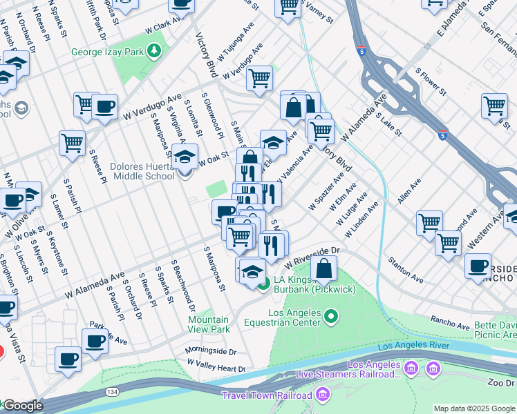 map of restaurants, bars, coffee shops, grocery stores, and more near 901 West Alameda Avenue in Burbank