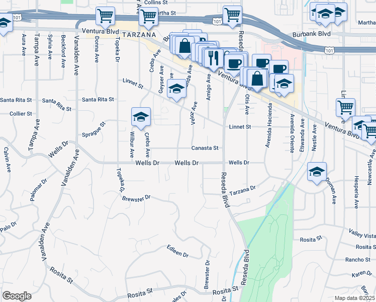 map of restaurants, bars, coffee shops, grocery stores, and more near 18730 Canasta Street in Los Angeles