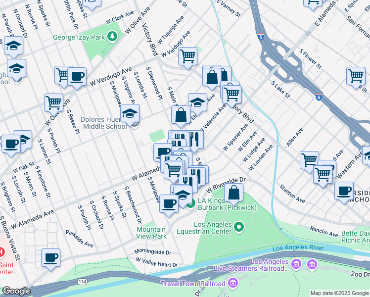map of restaurants, bars, coffee shops, grocery stores, and more near 901 West Alameda Avenue in Burbank