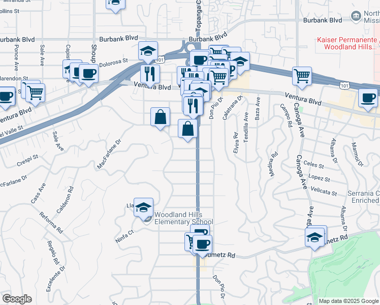 map of restaurants, bars, coffee shops, grocery stores, and more near 22014 De La Guerra Street in Los Angeles