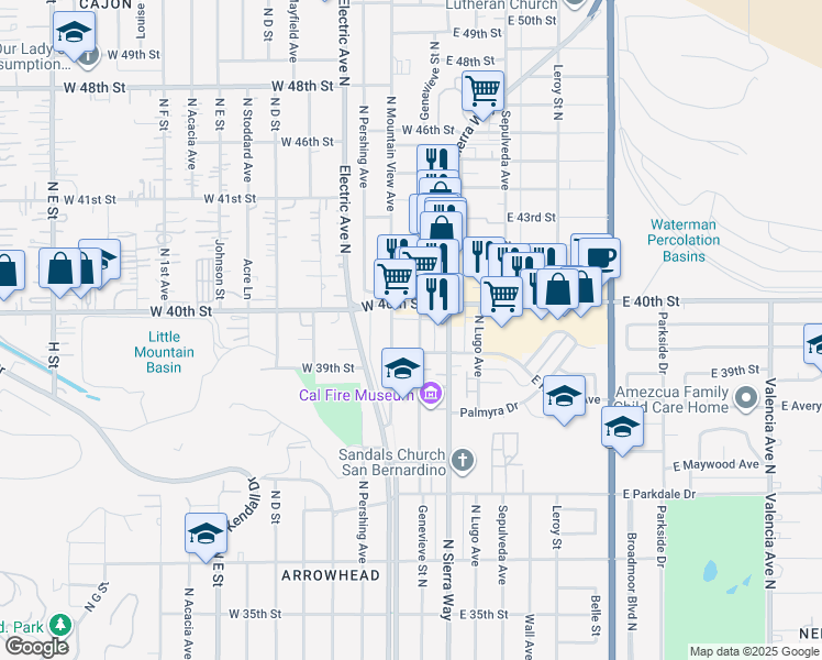 map of restaurants, bars, coffee shops, grocery stores, and more near 3970 Genevieve Street North in San Bernardino