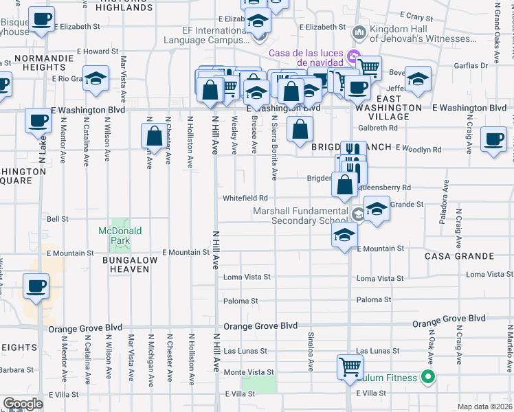 map of restaurants, bars, coffee shops, grocery stores, and more near 1530 Whitefield Road in Pasadena