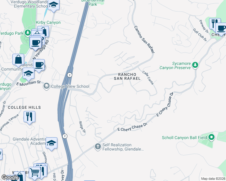 map of restaurants, bars, coffee shops, grocery stores, and more near 937 Calle Del Pacifico in Glendale