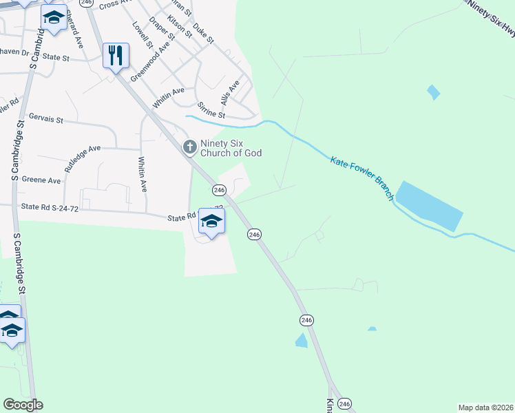 map of restaurants, bars, coffee shops, grocery stores, and more near 110 Joseph Road in Ninety Six