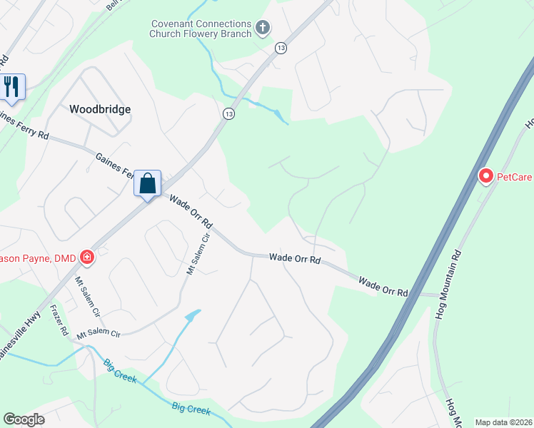 map of restaurants, bars, coffee shops, grocery stores, and more near 6137 Wade Orr Road in Flowery Branch