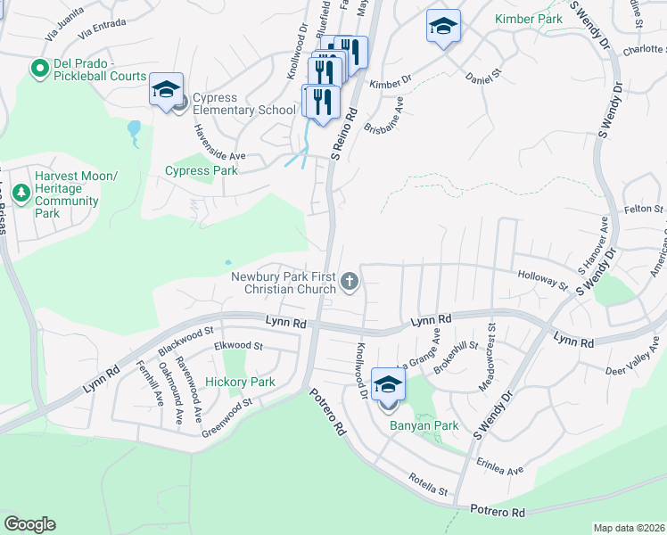 map of restaurants, bars, coffee shops, grocery stores, and more near 731 Paseo De Leon in Thousand Oaks