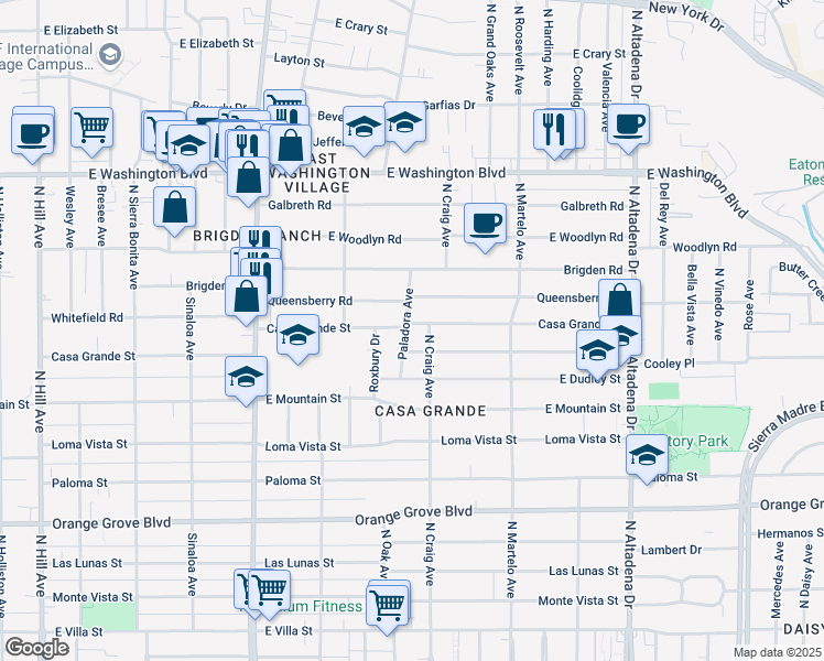map of restaurants, bars, coffee shops, grocery stores, and more near 2104 Casa Grande Street in Pasadena