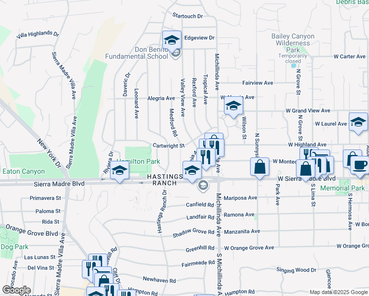 map of restaurants, bars, coffee shops, grocery stores, and more near 1030 Medford Road in Pasadena