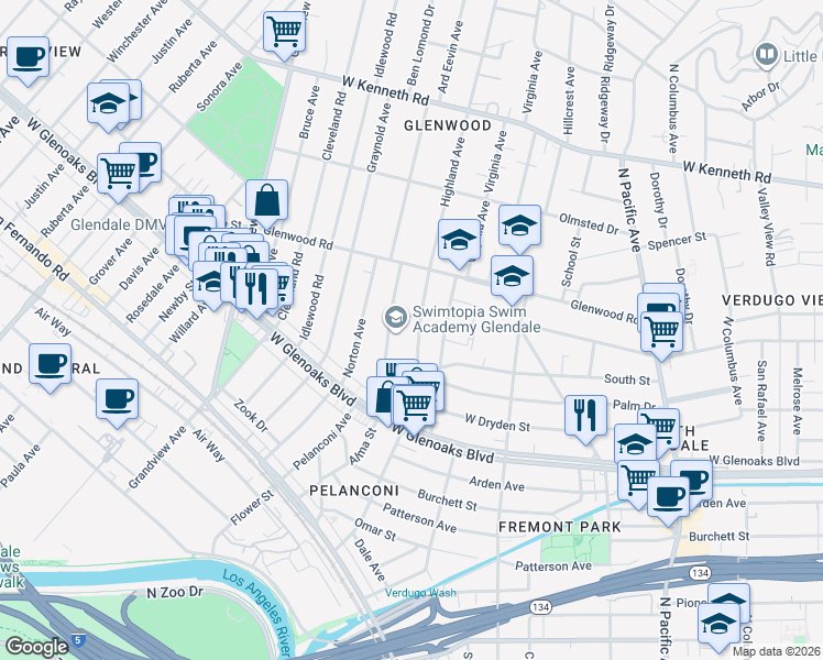map of restaurants, bars, coffee shops, grocery stores, and more near 1168 Alma Street in Glendale