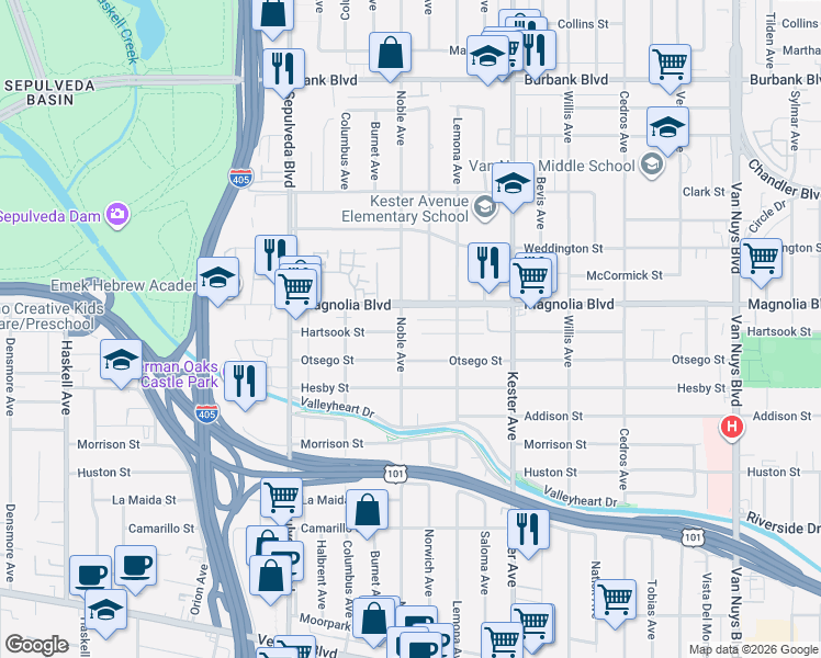 map of restaurants, bars, coffee shops, grocery stores, and more near 5136 Noble Avenue in Los Angeles