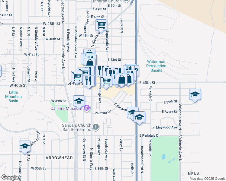 map of restaurants, bars, coffee shops, grocery stores, and more near 201 East 40th Street in San Bernardino