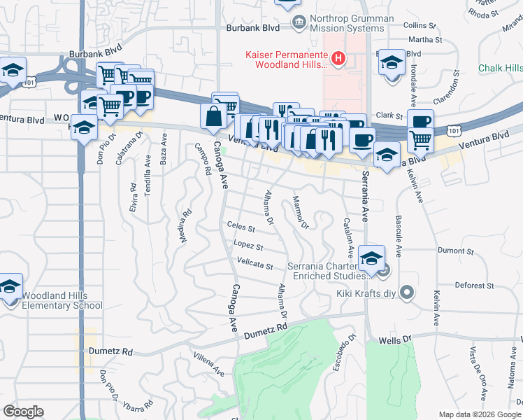 map of restaurants, bars, coffee shops, grocery stores, and more near 5209 Alhama Drive in Los Angeles