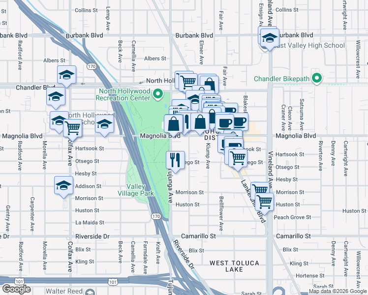 map of restaurants, bars, coffee shops, grocery stores, and more near 5143 Bakman Avenue in Los Angeles