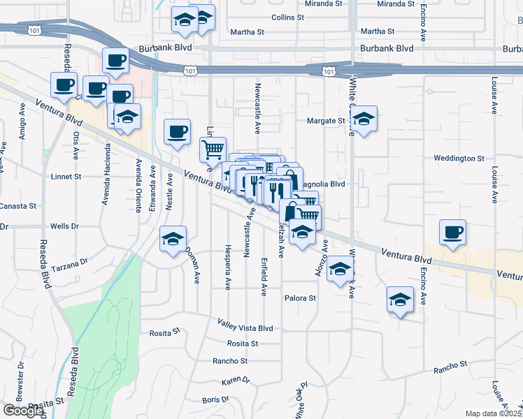 map of restaurants, bars, coffee shops, grocery stores, and more near 17958 Ventura Boulevard in Los Angeles