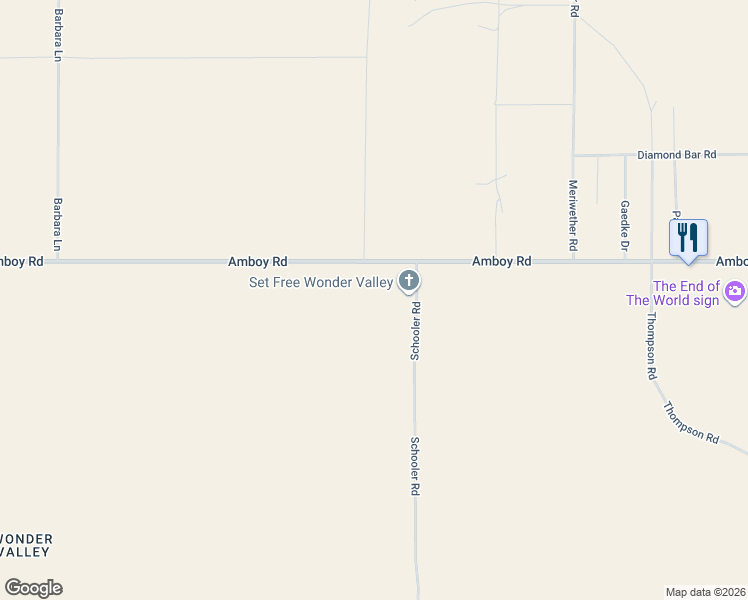 map of restaurants, bars, coffee shops, grocery stores, and more near 82525 Amboy Road in Twentynine Palms