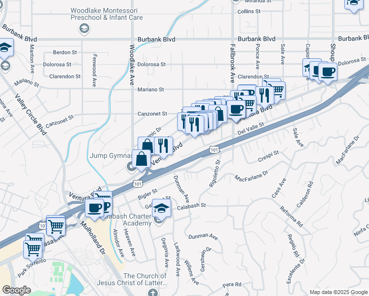 map of restaurants, bars, coffee shops, grocery stores, and more near 23032 Ventura Boulevard in Los Angeles