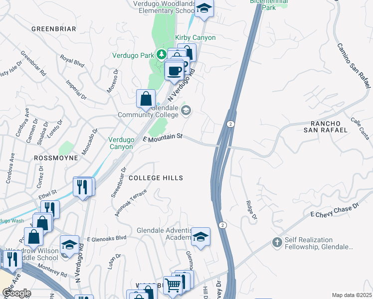 map of restaurants, bars, coffee shops, grocery stores, and more near 1700 East Mountain Street in Glendale