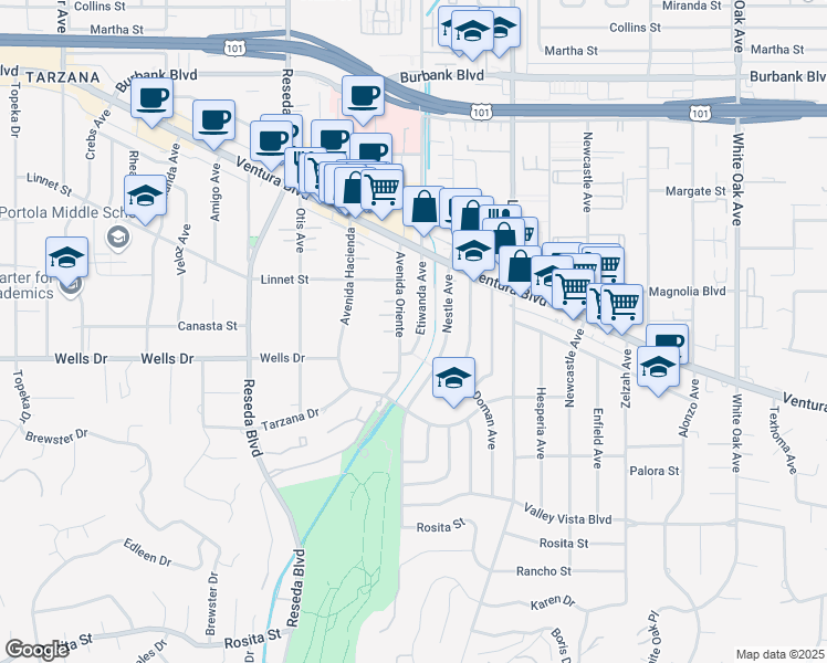 map of restaurants, bars, coffee shops, grocery stores, and more near 5139 Etiwanda Avenue in Los Angeles