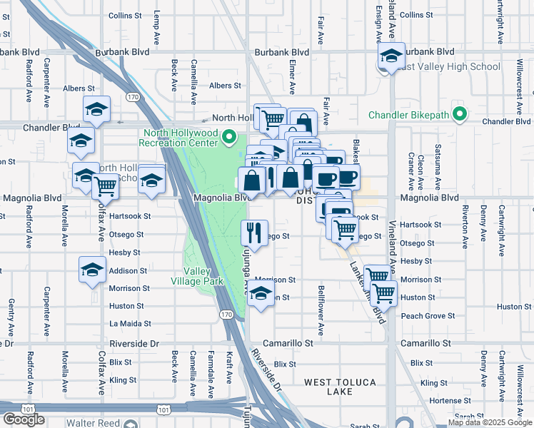 map of restaurants, bars, coffee shops, grocery stores, and more near 5142 Tujunga Avenue in Los Angeles