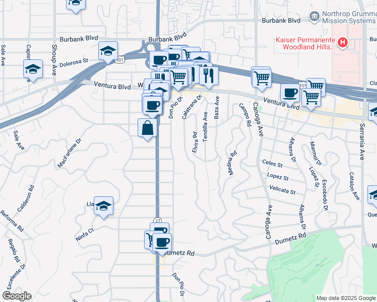 map of restaurants, bars, coffee shops, grocery stores, and more near 5214 Calatrana Drive in Los Angeles