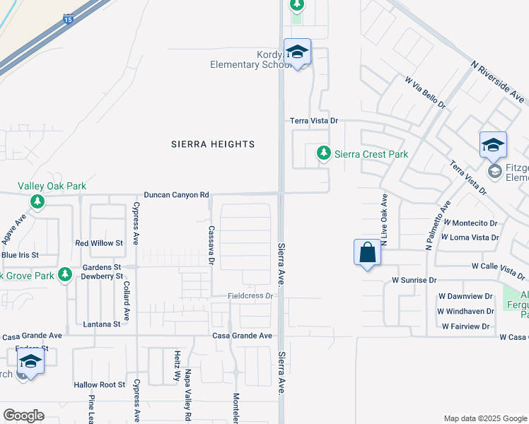 map of restaurants, bars, coffee shops, grocery stores, and more near 4936 Sierra Avenue in Fontana