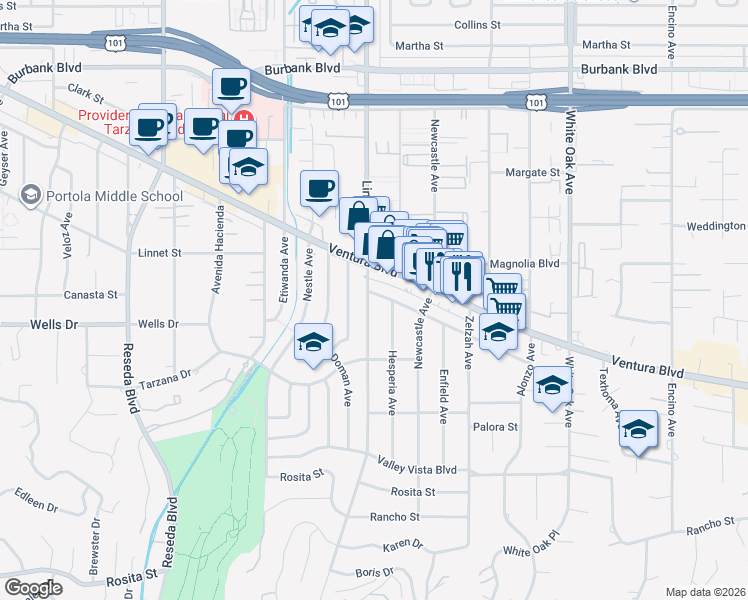 map of restaurants, bars, coffee shops, grocery stores, and more near 5176 Lindley Avenue in Los Angeles