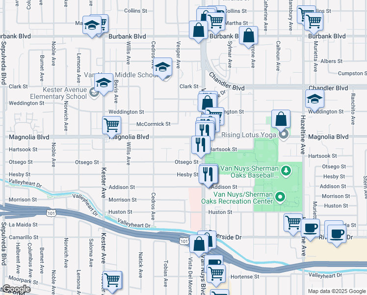 map of restaurants, bars, coffee shops, grocery stores, and more near 5132 Vesper Avenue in Los Angeles