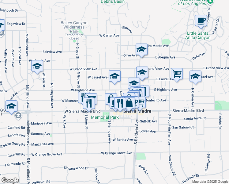 map of restaurants, bars, coffee shops, grocery stores, and more near 148 West Highland Avenue in Sierra Madre