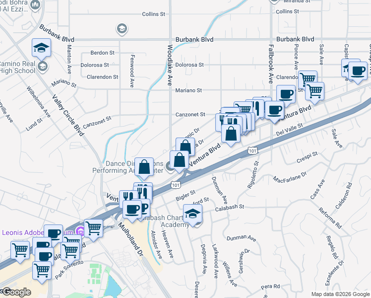 map of restaurants, bars, coffee shops, grocery stores, and more near 23138 Leonora Drive in Los Angeles