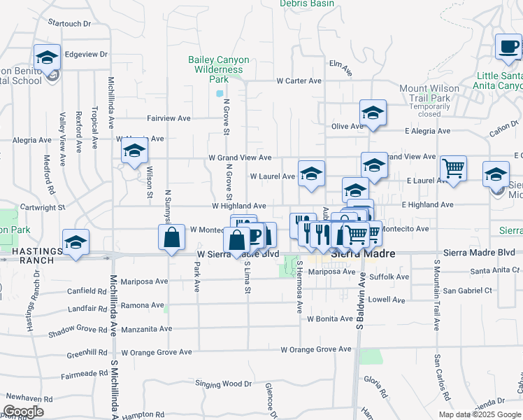 map of restaurants, bars, coffee shops, grocery stores, and more near 298 West Highland Avenue in Sierra Madre