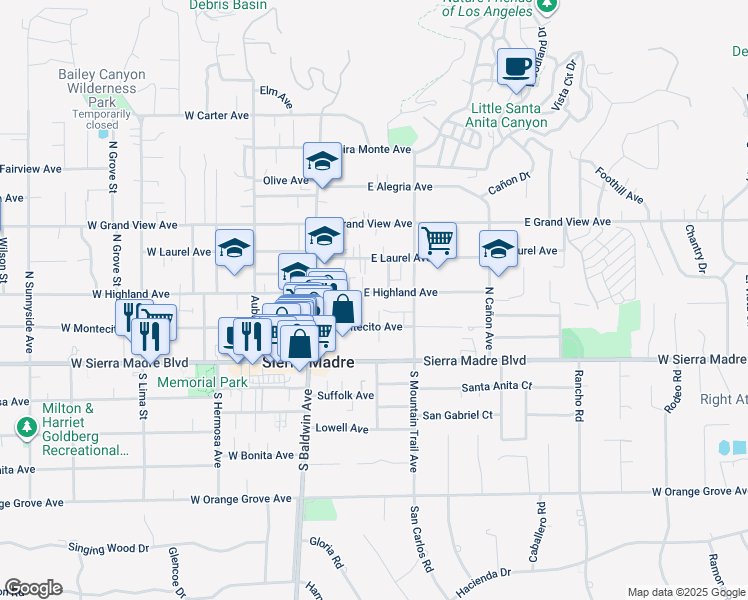 map of restaurants, bars, coffee shops, grocery stores, and more near 126 East Highland Avenue in Sierra Madre