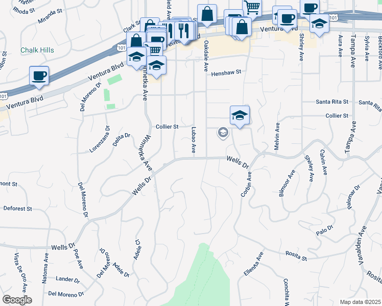 map of restaurants, bars, coffee shops, grocery stores, and more near 5105 Lubao Avenue in Los Angeles