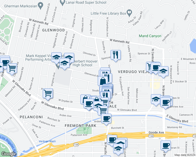 map of restaurants, bars, coffee shops, grocery stores, and more near 508 Glenwood Road in Glendale