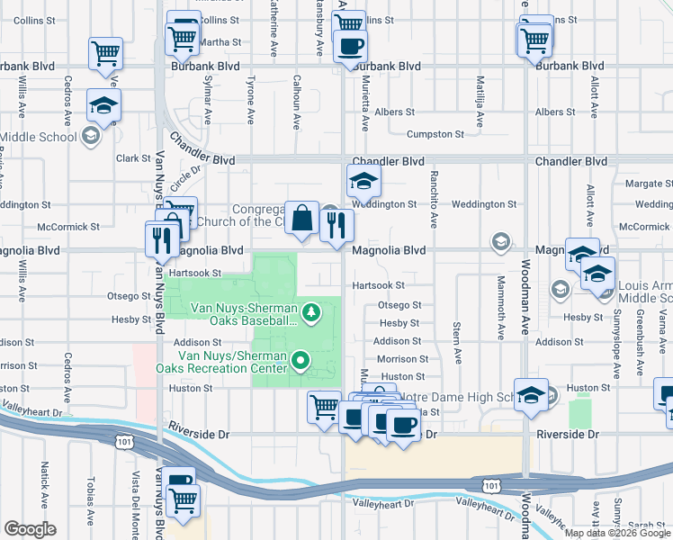 map of restaurants, bars, coffee shops, grocery stores, and more near 5139 Hazeltine Avenue in Los Angeles