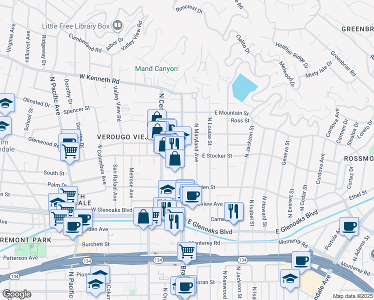 map of restaurants, bars, coffee shops, grocery stores, and more near 1208 North Brand Boulevard in Glendale