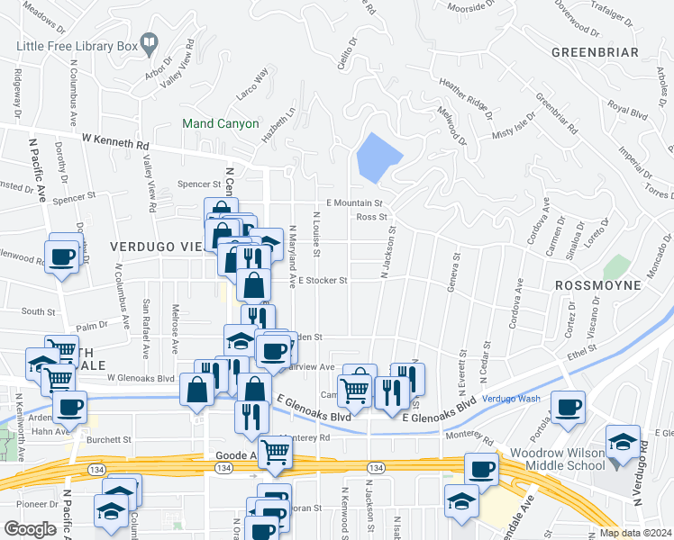 map of restaurants, bars, coffee shops, grocery stores, and more near 321 East Stocker Street in Glendale