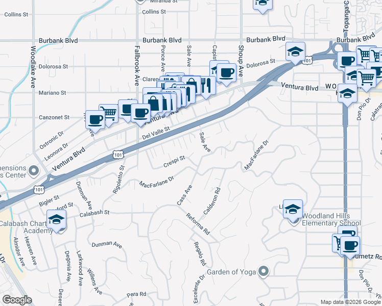 map of restaurants, bars, coffee shops, grocery stores, and more near 22633 Crespi Street in Los Angeles