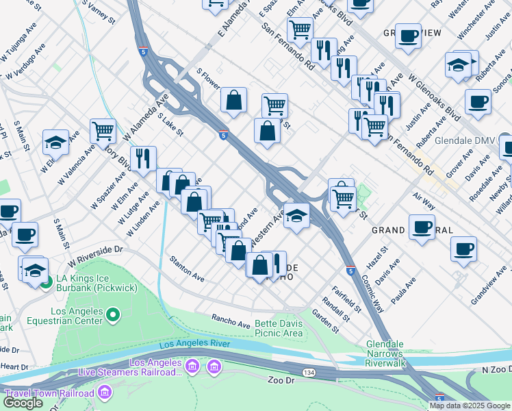 map of restaurants, bars, coffee shops, grocery stores, and more near 435 Raymond Avenue in Glendale