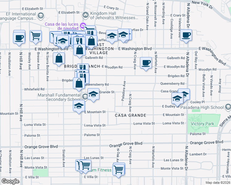 map of restaurants, bars, coffee shops, grocery stores, and more near 2030 Casa Grande Street in Pasadena