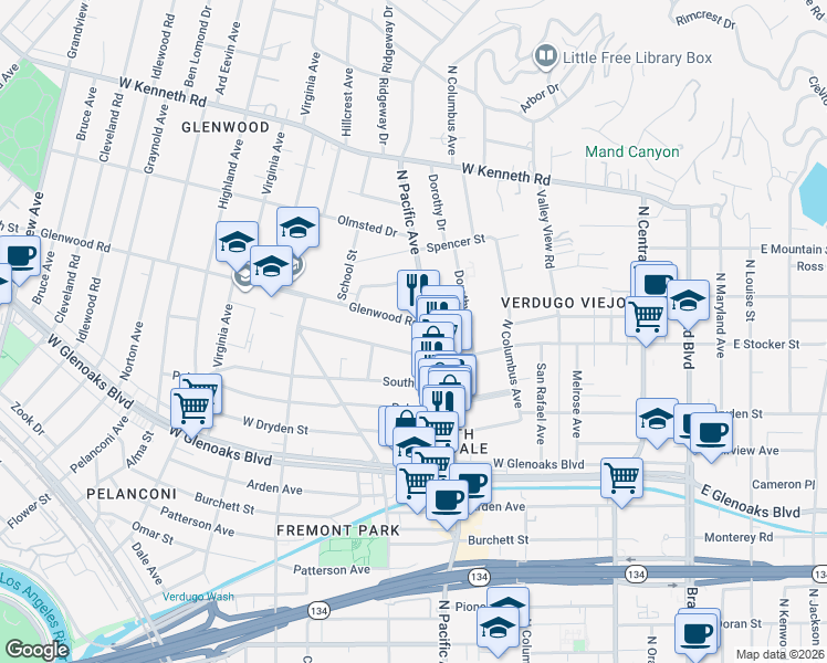 map of restaurants, bars, coffee shops, grocery stores, and more near 508 Glenwood Road in Glendale