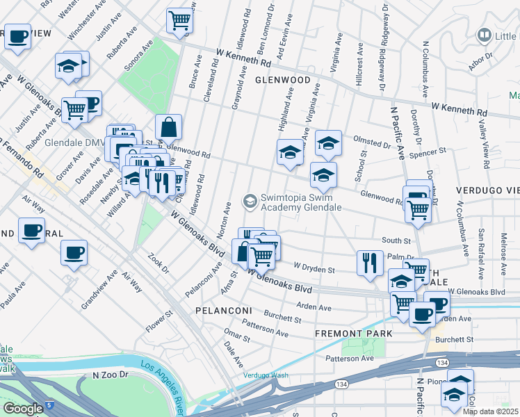 map of restaurants, bars, coffee shops, grocery stores, and more near 1168 Alma Street in Glendale