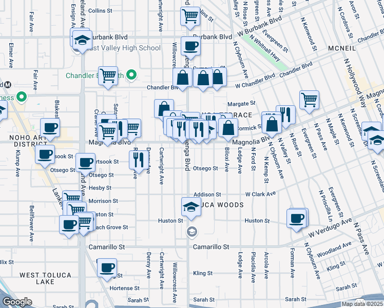 map of restaurants, bars, coffee shops, grocery stores, and more near 5127 Auckland Avenue in Los Angeles