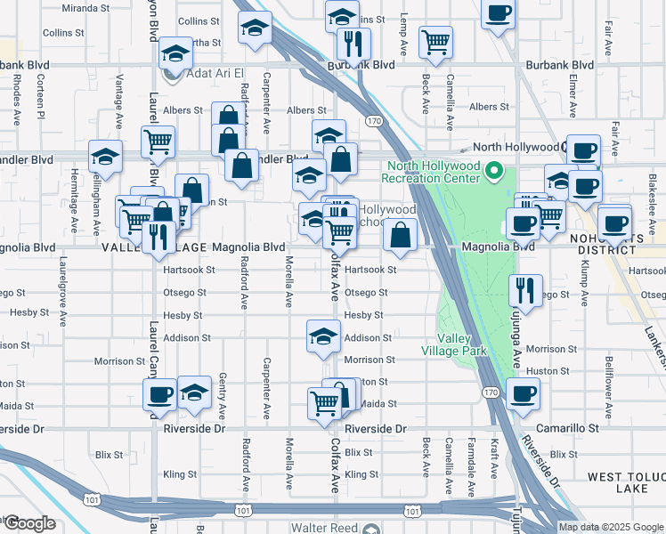 map of restaurants, bars, coffee shops, grocery stores, and more near in Los Angeles
