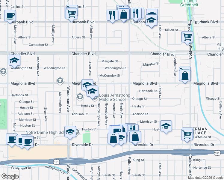 map of restaurants, bars, coffee shops, grocery stores, and more near 5133 Varna Avenue in Los Angeles
