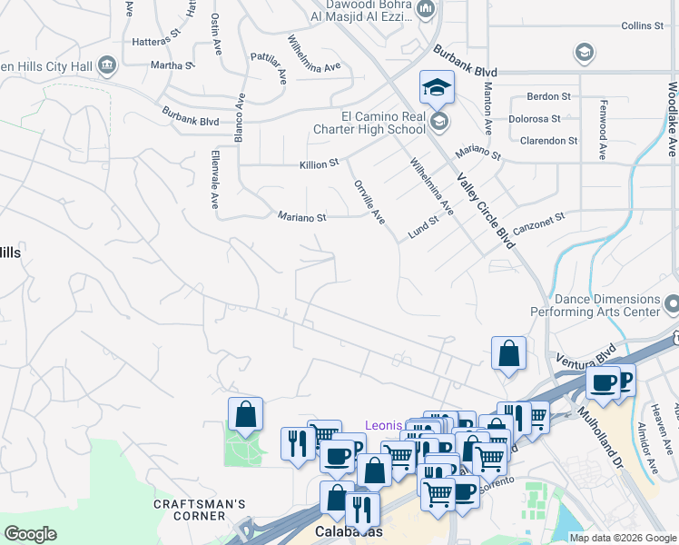 map of restaurants, bars, coffee shops, grocery stores, and more near 5505 Paradise Valley Road in Hidden Hills