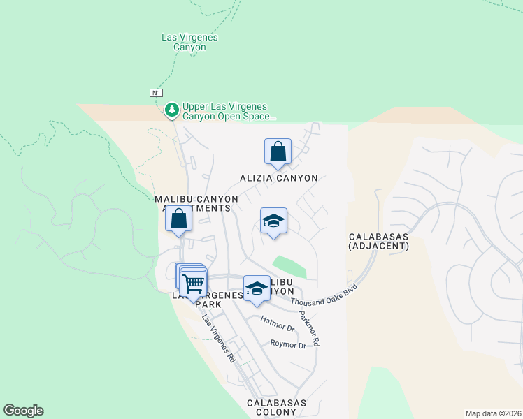map of restaurants, bars, coffee shops, grocery stores, and more near 26197 Adamor Road in Calabasas