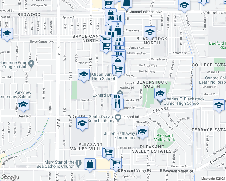 map of restaurants, bars, coffee shops, grocery stores, and more near 3901 Saviers Road in Oxnard